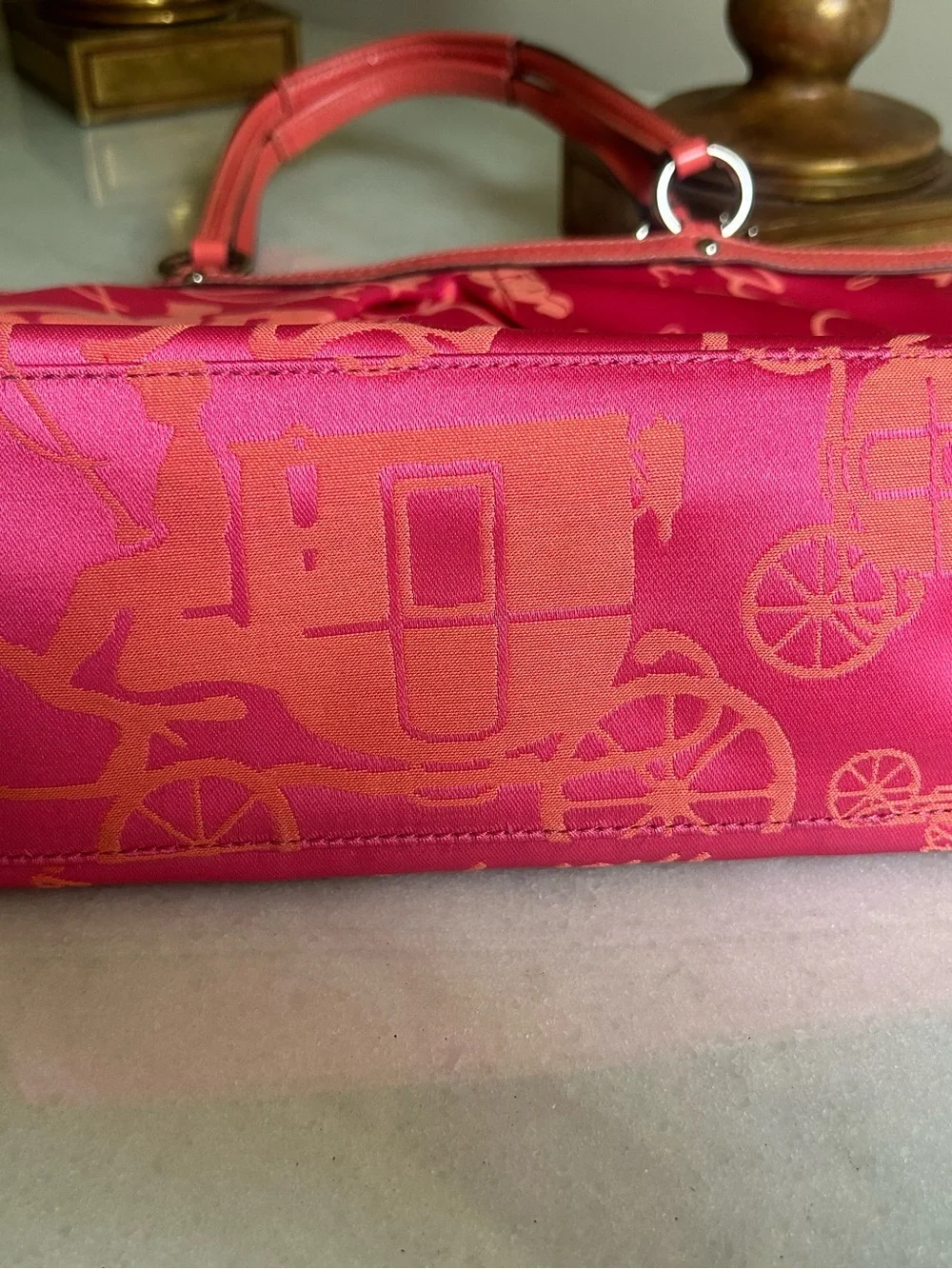 Coach Poppy Pink Op Art Horse & Carriage Jacquard Tote Shoulder Bag Coral